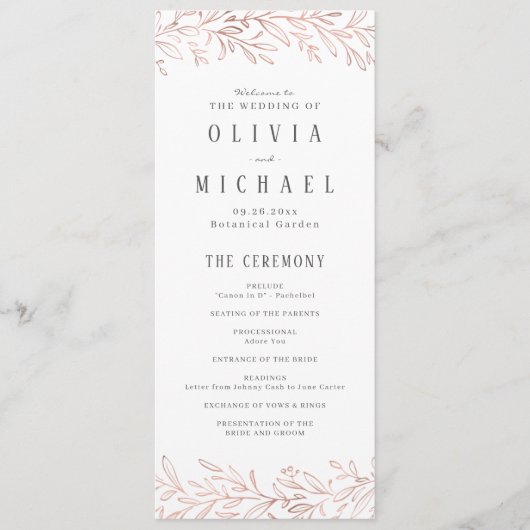 Élégant programme de mariage botanique en or rose (Devant)