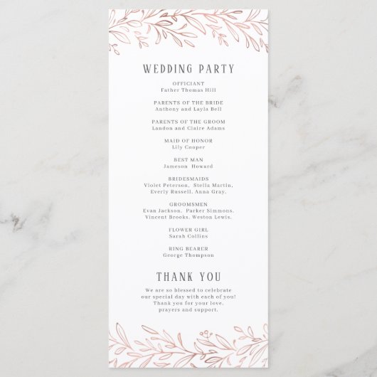 Élégant programme de mariage botanique en or rose (Dos)