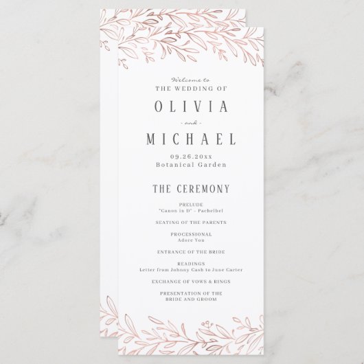Élégant programme de mariage botanique en or rose (Devant / Derrière)
