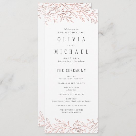 Élégant programme de mariage botanique en or rose (Devant / Derrière)