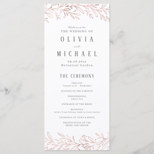 Élégant programme de mariage botanique en or rose (Devant)