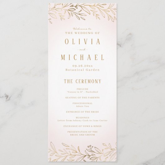 Élégant programme de mariage botanique en or roux (Devant)