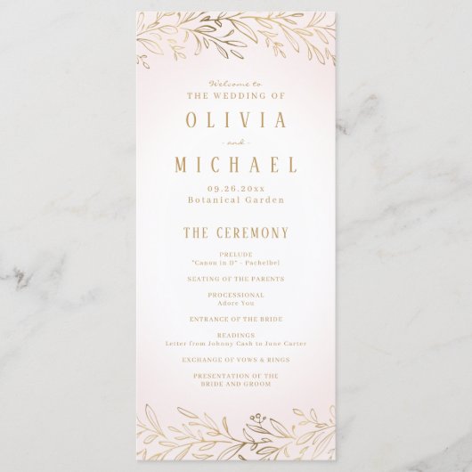 Élégant programme de mariage botanique en or roux (Devant)