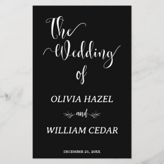 Élégant programme de mariage botanique noir blanc