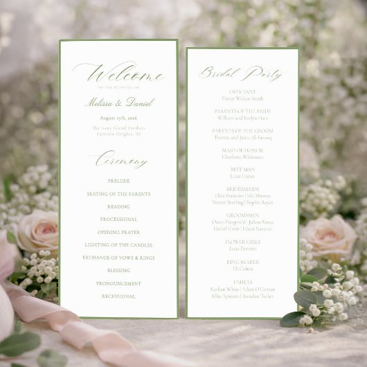 Élégant programme de mariage botanique vert sauge 