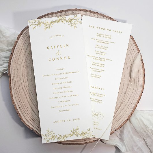 Élégant Programme de Mariage Botanique Vintage Or