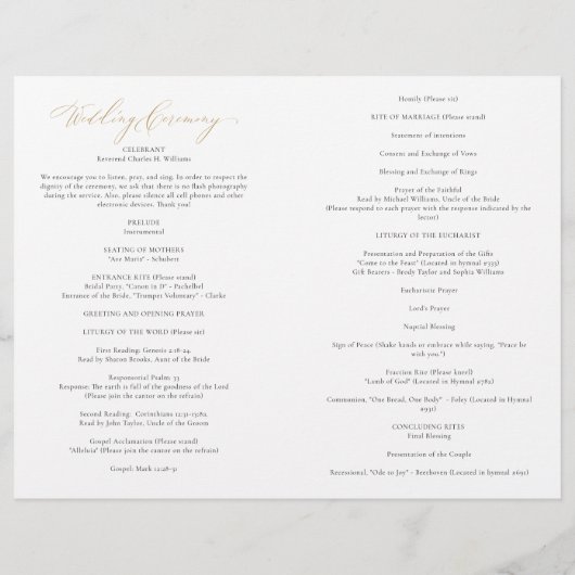 Élégant Programme de Mariage Catholique Or Pleine  (Dos)