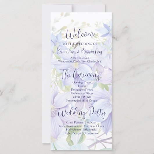Élégant programme de mariage Clematis Periwinkle (Devant)