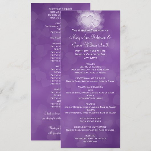 Élégant programme de mariage Coeurs modernes pourp (Devant / Derrière)