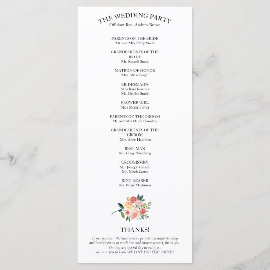 Élégant programme de mariage d'aquarelle florale 4 (Dos)