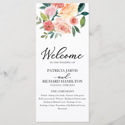 Élégant programme de mariage d'aquarelle florale 4 (Devant)