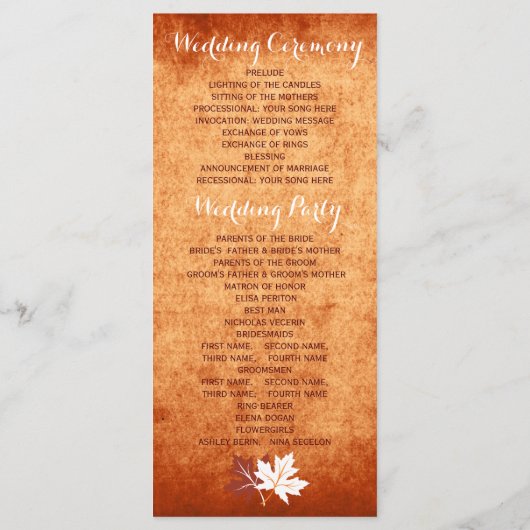 Élégant programme de mariage de automne orange feu (Dos)