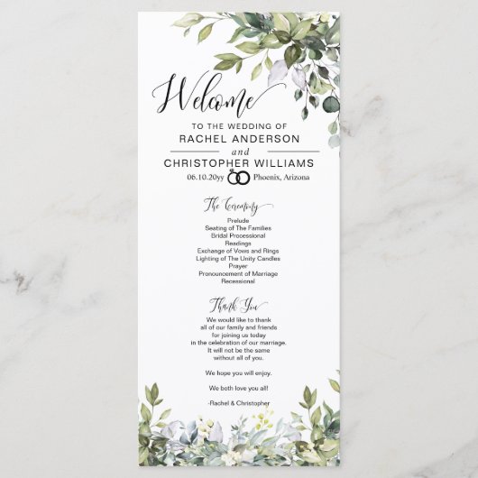 Élégant programme de mariage de calligraphie verte (Devant)