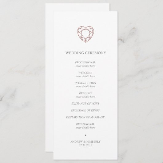 Élégant programme de mariage de coeur d'or rose (Devant / Derrière)