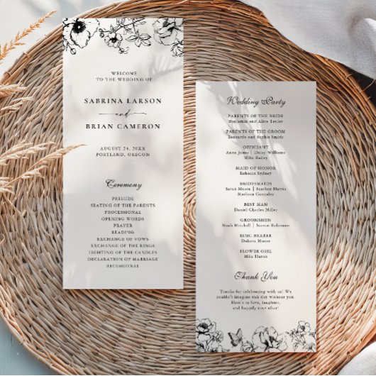 Élégant programme de mariage de jardin floral noir