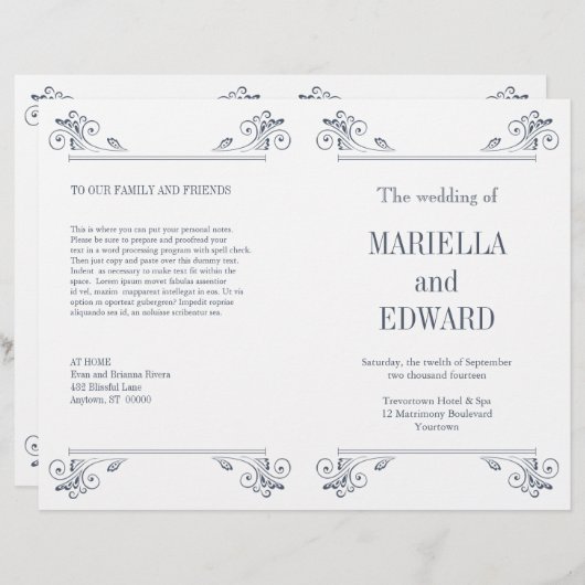 Élégant programme de mariage de la sconce (Devant / Derrière)