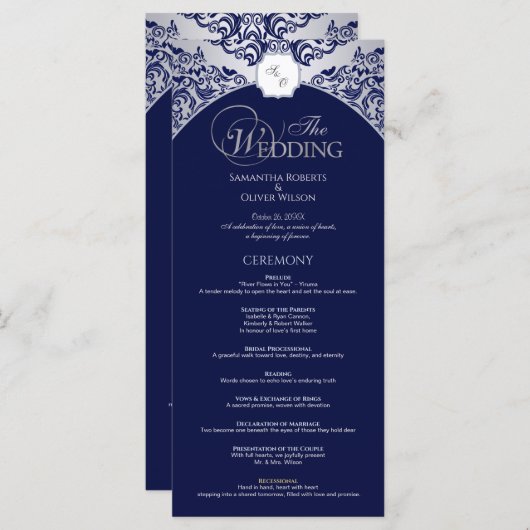 Élégant programme de mariage de Monogramme bleu ar (Devant / Derrière)
