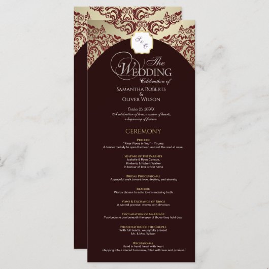 Élégant programme de mariage de monogramme rouge e (Devant / Derrière)