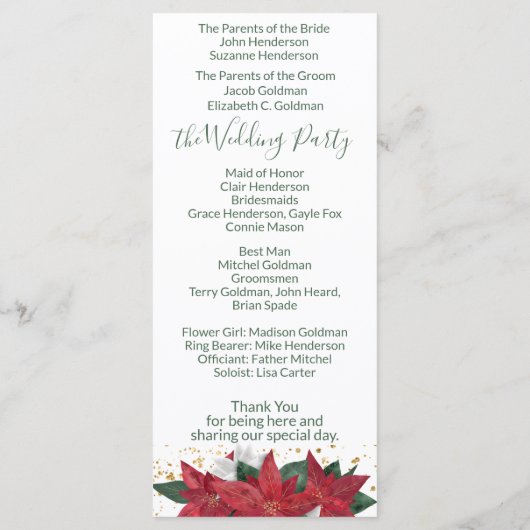 Élégant programme de mariage de Noël vert Poinsett (Dos)