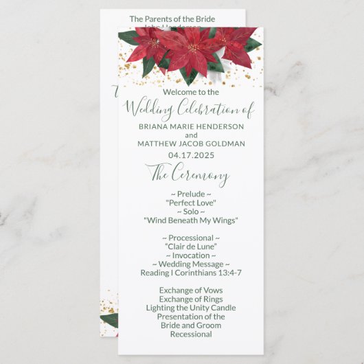 Élégant programme de mariage de Noël vert Poinsett (Devant / Derrière)