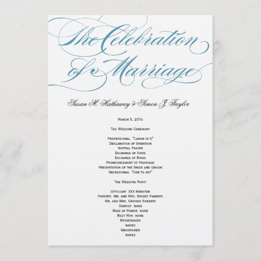 Élégant programme de mariage de script - Bleu (Devant)