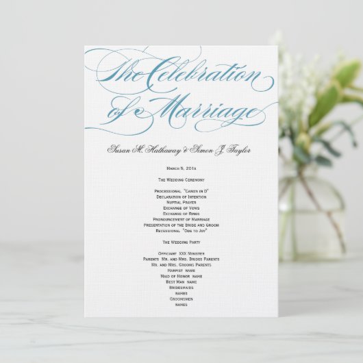 Élégant programme de mariage de script - Bleu (Debout devant)