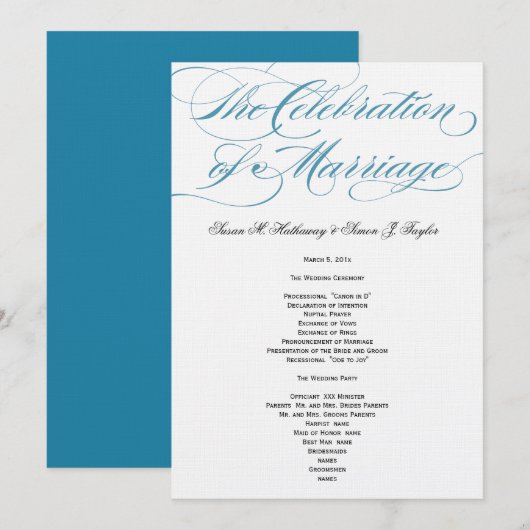 Élégant programme de mariage de script - Bleu (Devant / Derrière)