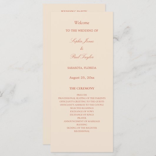 Élégant programme de mariage de script en terre cu (Devant / Derrière)