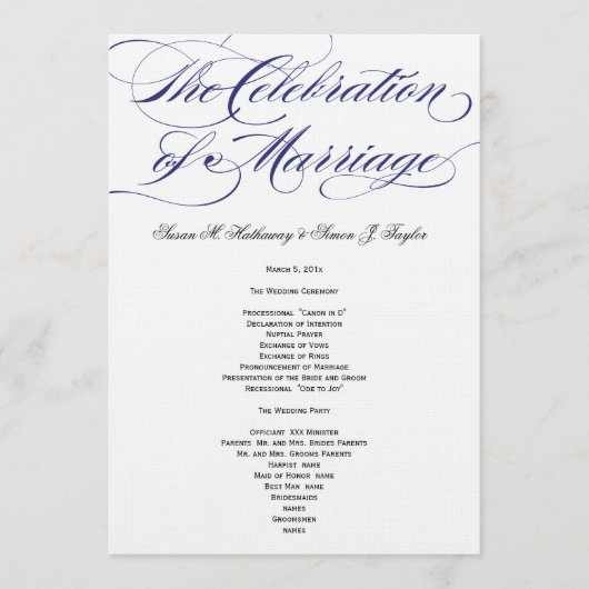 Élégant programme de mariage de script - Marine (Devant)