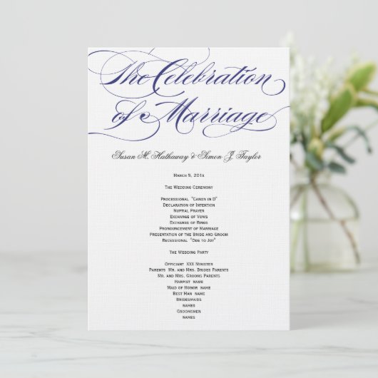 Élégant programme de mariage de script - Marine (Debout devant)