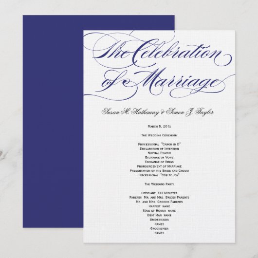 Élégant programme de mariage de script - Marine (Devant / Derrière)