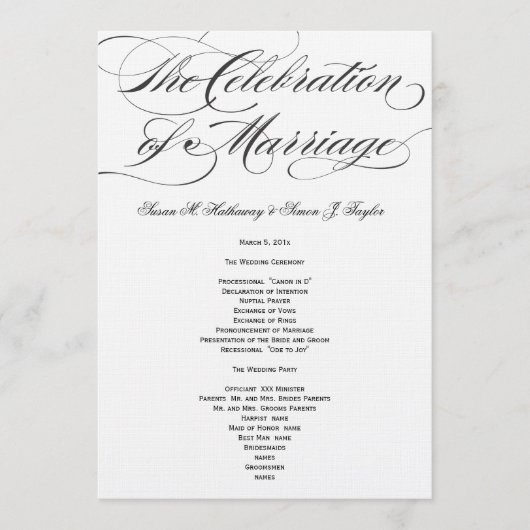 Élégant programme de mariage de script - Noir (Devant)