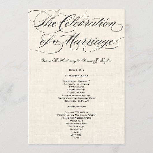 Élégant programme de mariage de script - Noir blan (Devant)