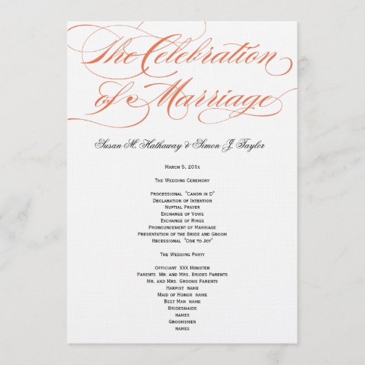 Élégant programme de mariage de script - Orange (Devant)