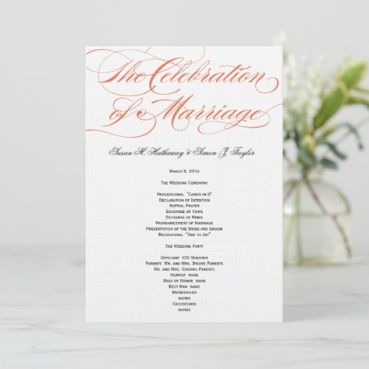 Élégant programme de mariage de script - Orange (Debout devant)