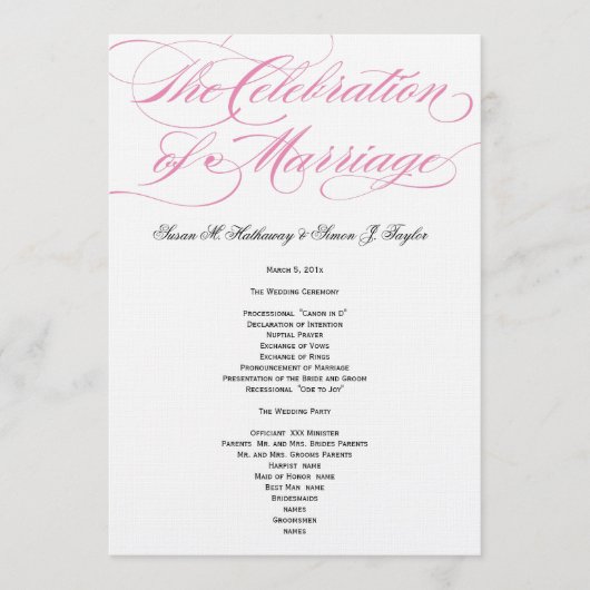 Élégant programme de mariage de script - rose (Devant)