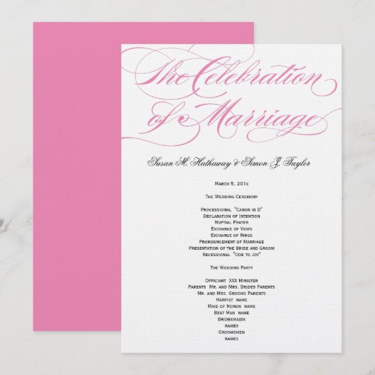 Élégant programme de mariage de script - rose (Devant / Derrière)