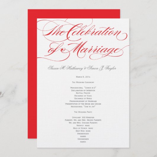 Élégant programme de mariage de script - Rouge (Devant / Derrière)