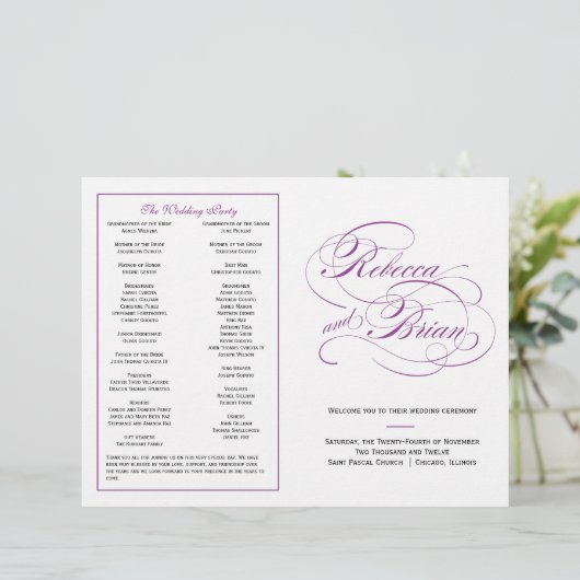 Élégant programme de mariage de script - violet (Debout devant)