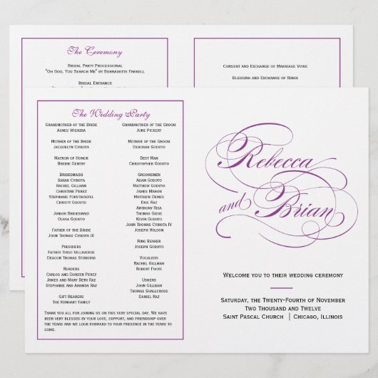 Élégant programme de mariage de script - violet (Devant / Derrière)