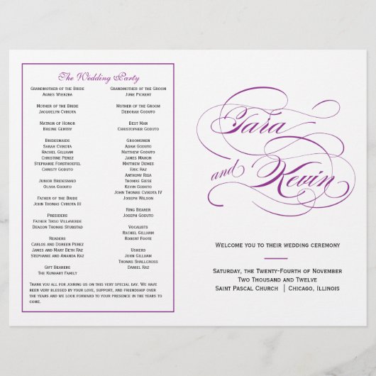 Élégant programme de mariage de script - violet (Devant)