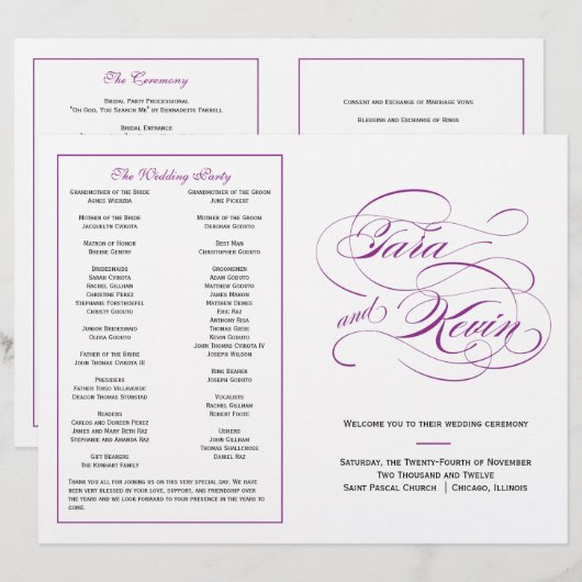 Élégant programme de mariage de script - violet (Devant / Derrière)