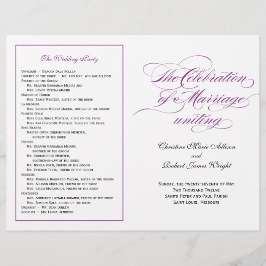 Élégant programme de mariage de script - violet (Devant)