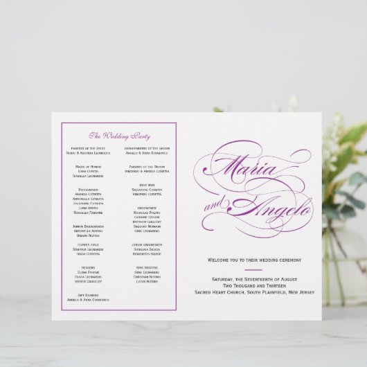 Élégant programme de mariage de script - violet (Debout devant)