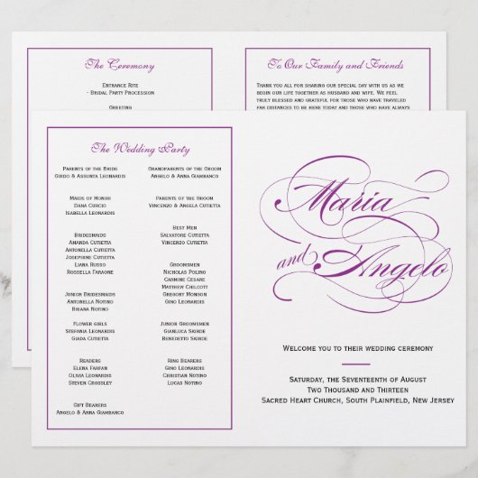 Élégant programme de mariage de script - violet (Devant / Derrière)