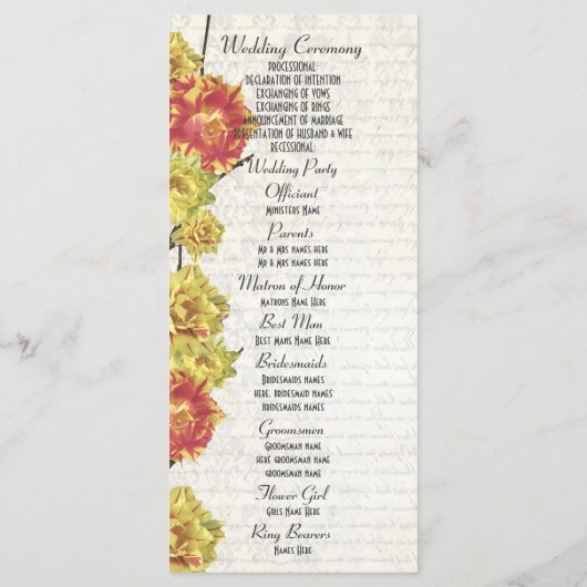 Élégant programme de mariage d'église fleurie jaun (Dos)