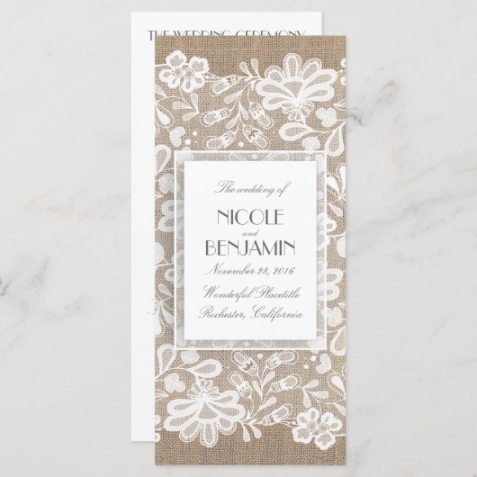 Élégant programme de mariage dentelle et burlap (Devant / Derrière)
