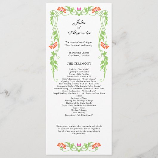 Élégant programme de mariage des fleurs de feuille (Devant)