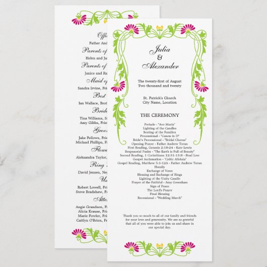 Élégant programme de mariage des fleurs de feuille (Devant / Derrière)