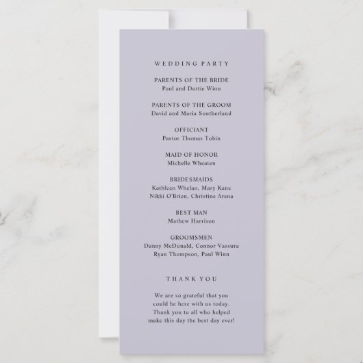 Élégant programme de mariage des fleurs de lavande (Dos)